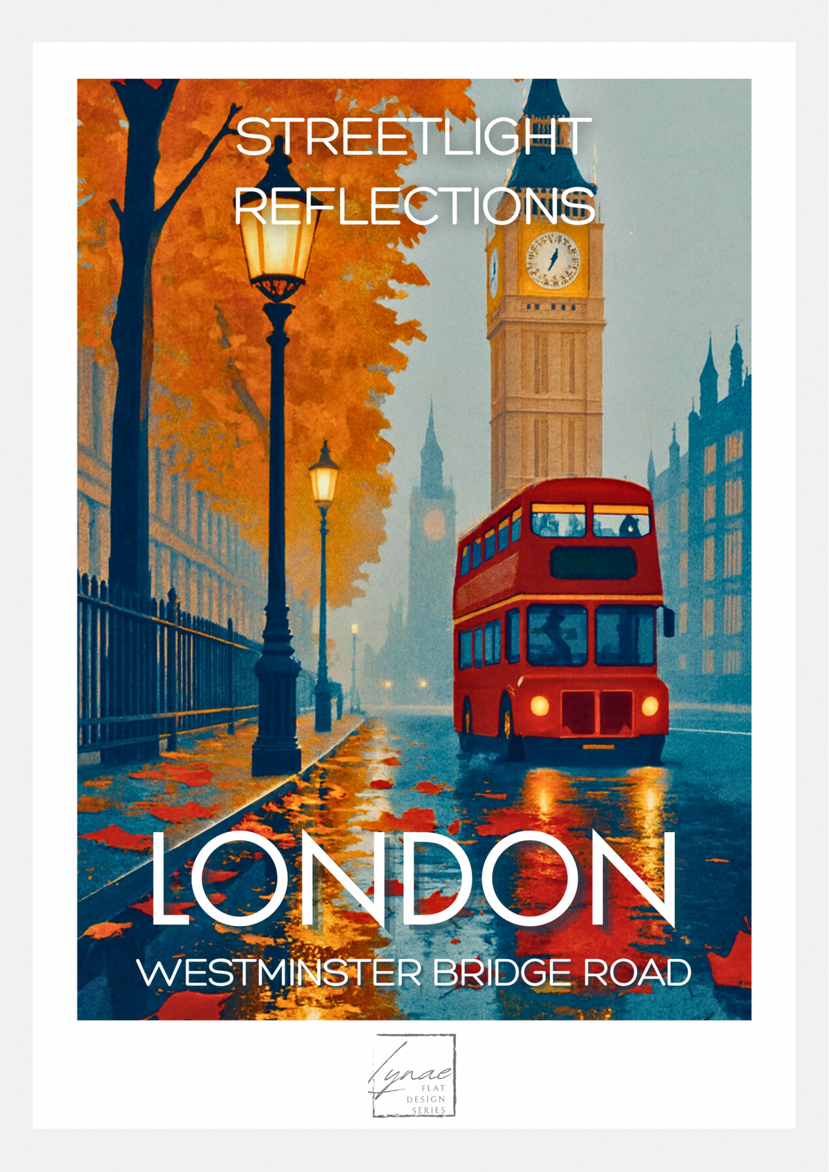 Affiche Autumn Leans on London : promenade d'automne au bord de la Tamise avec arbres orange, bancs et lampadaires, Big Ben dans la brume