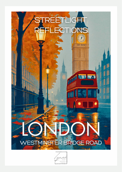 Affiche Autumn Leans on London : promenade d'automne au bord de la Tamise avec arbres orange, bancs et lampadaires, Big Ben dans la brume