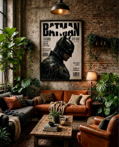 Affiche Batman noir et blanc typographique, encadrée et accrochée au mur d'un salon moderne