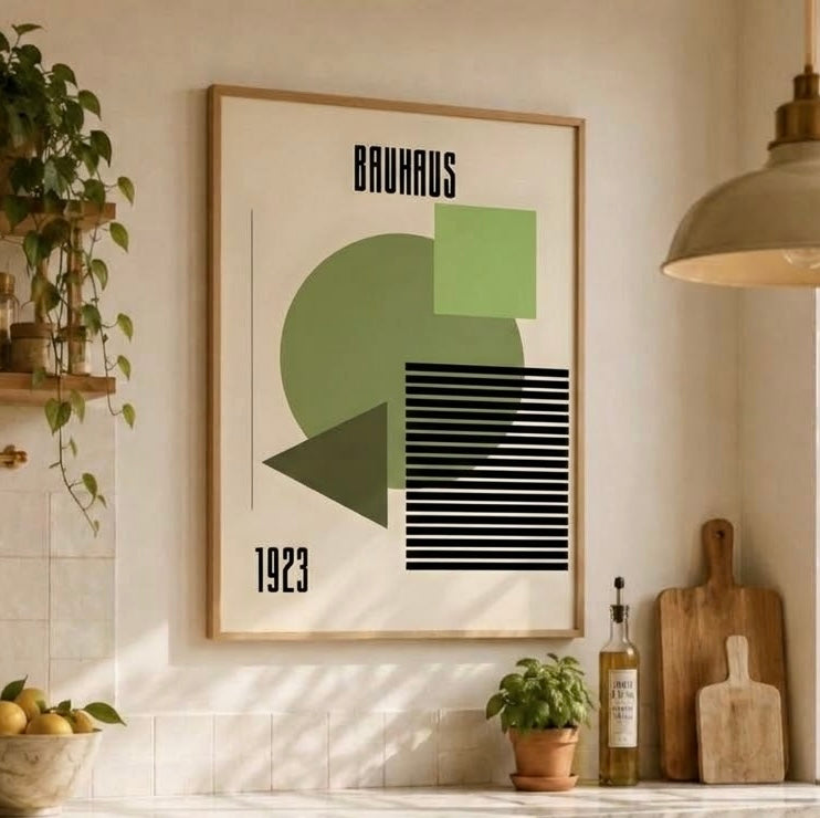 Gros plan sur l'impression de l'affiche Bauhaus 1923 : verts nuancés, bandes noires nettes et typographie condensée