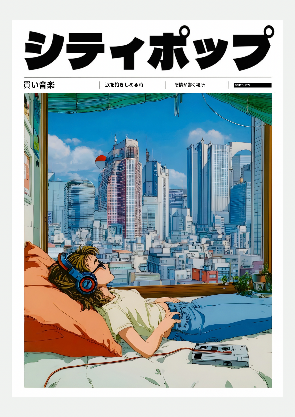 Affiche City Pop vue sur Tokyo depuis la chambre, présentée seule sur fond neutre