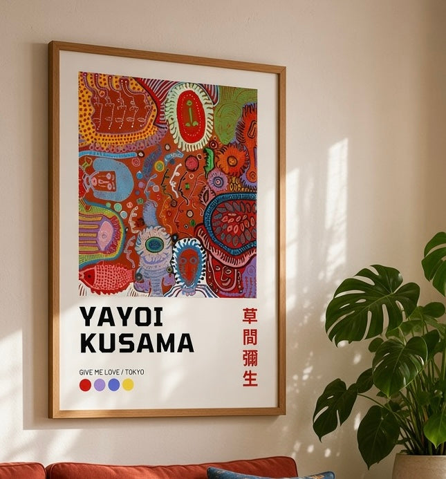 Affiche Yayoi Kusama Give Me Love dans une ambiance de décoration murale