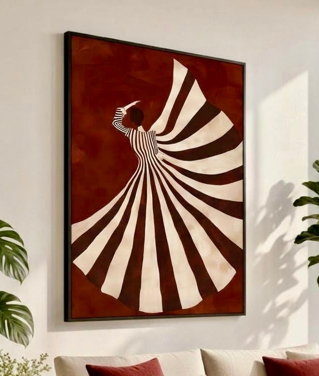 Gros plan sur l'affiche danseuse : rayures de la robe, bras levé et texture façon gouache et papier découpé