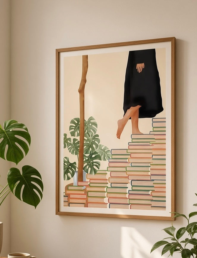 Gros plan sur l'affiche encadrée Escalier de Livres au mur