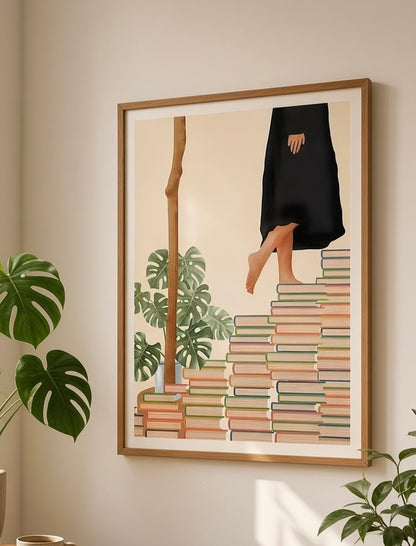 Gros plan sur l'affiche encadrée Escalier de Livres au mur