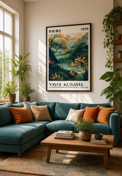 Affiche Yayoi Kusama Paysage Automnal détail des tons verts et bleu-gris