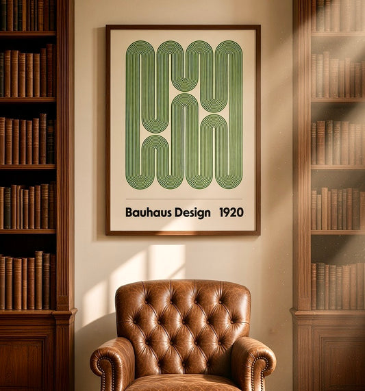 Affiche Bauhaus Design 1920 encadrée et accrochée au mur d'un salon