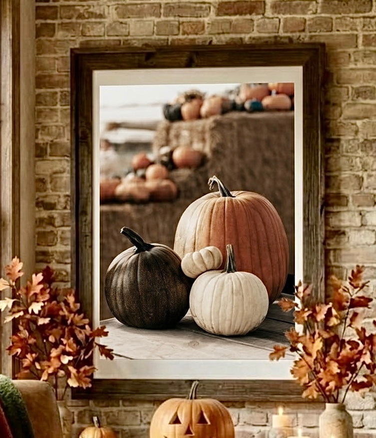Vue rapprochée de l'affiche citrouilles et bottes de paille au mur, cadre et tons orangés