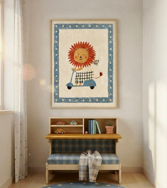 Lion en Scooter – Affiche Illustration Enfant