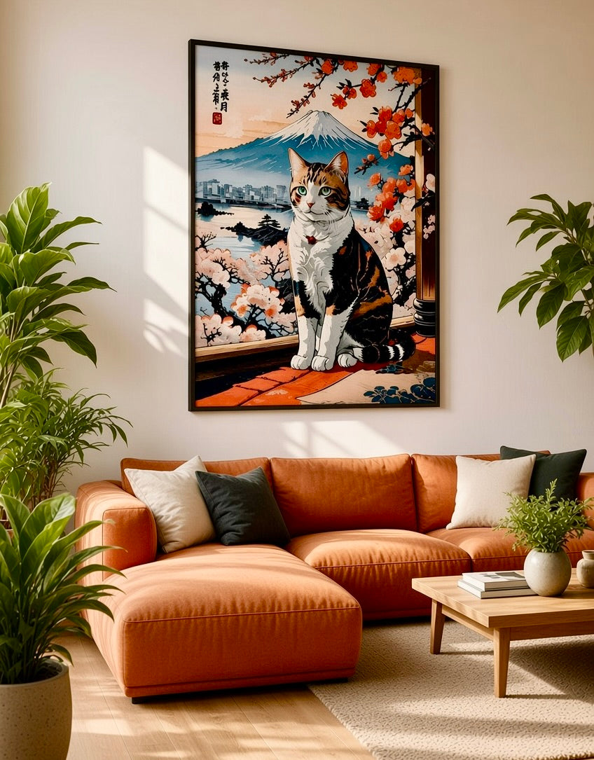Vue d'ensemble du salon avec l'affiche Chat Tigré au Mont Fuji en décoration murale