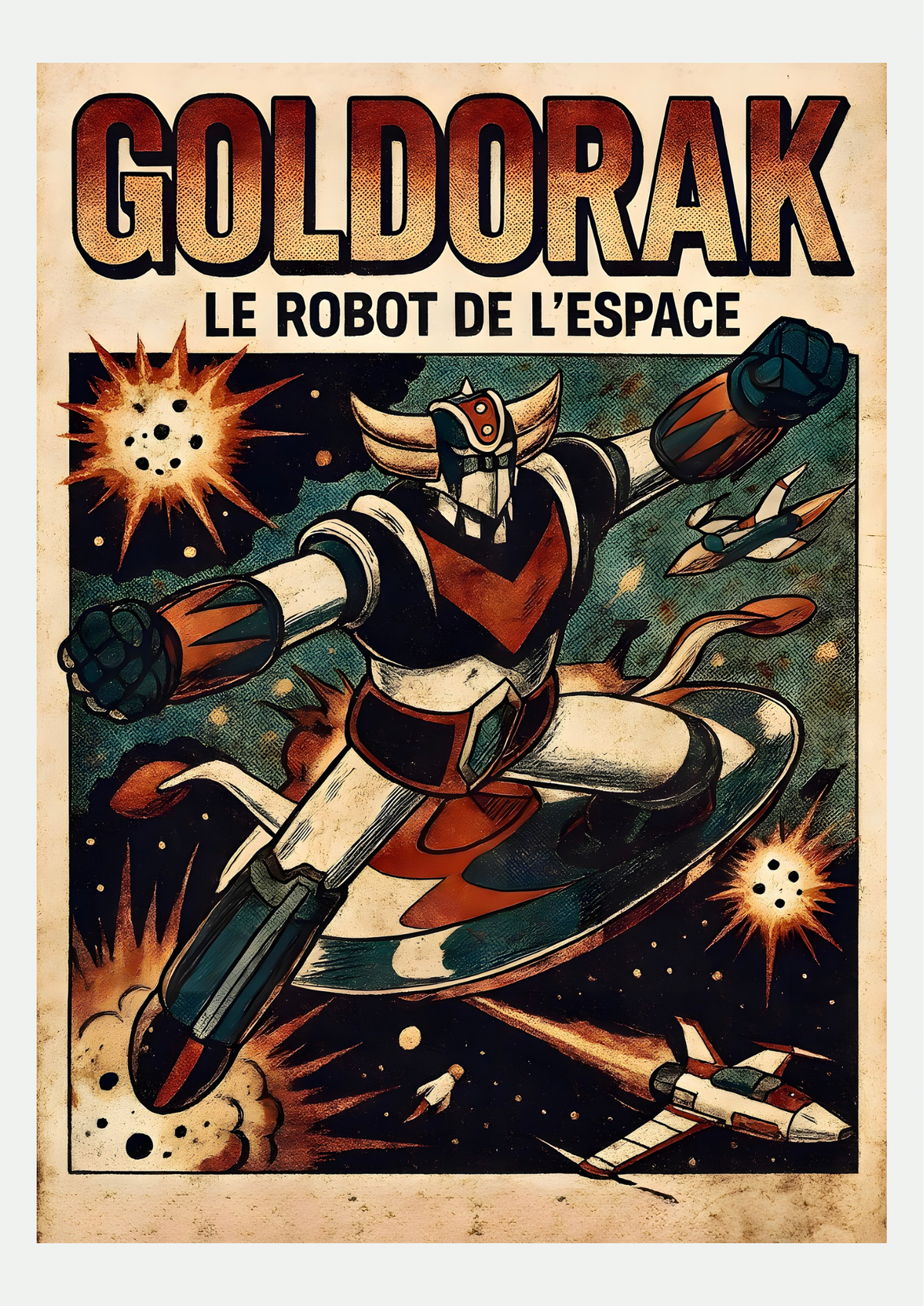 Affiche Goldorak Le Robot de l'Espace, comic vintage, présentée seule sur fond neutre