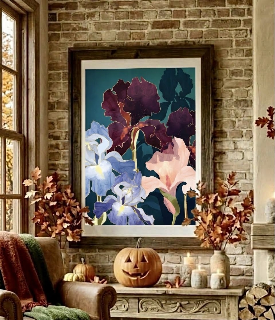 Ambiance salon avec l'affiche florale d'iris encadrée, décoration murale aux couleurs d'automne