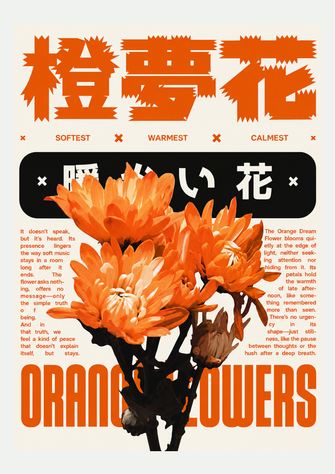 Affiche Fleurs Oranges Japonaises – Chrysanthèmes Flat Design, photo produit seul sur fond neutre