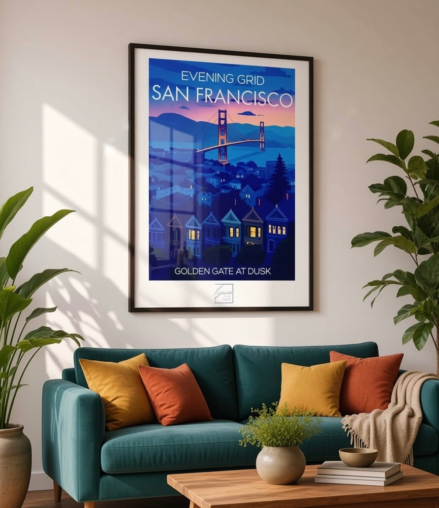 Vue d'ensemble d'un salon décoré avec l'affiche San Francisco Evening Grid encadrée