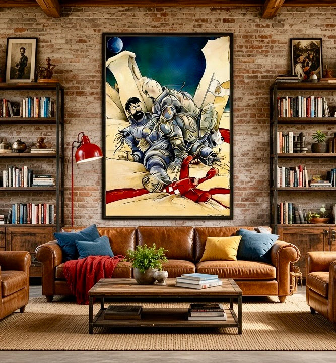 Vue large d'un salon décoré avec l'affiche Exterminateur 714 encadrée sur le mur
