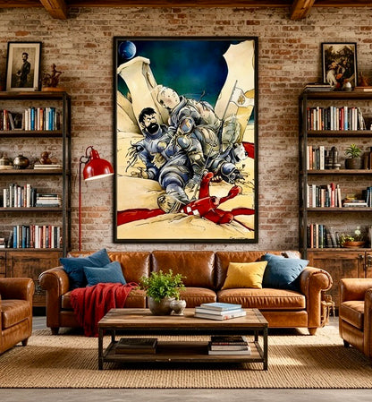 Vue large d'un salon décoré avec l'affiche Exterminateur 714 encadrée sur le mur