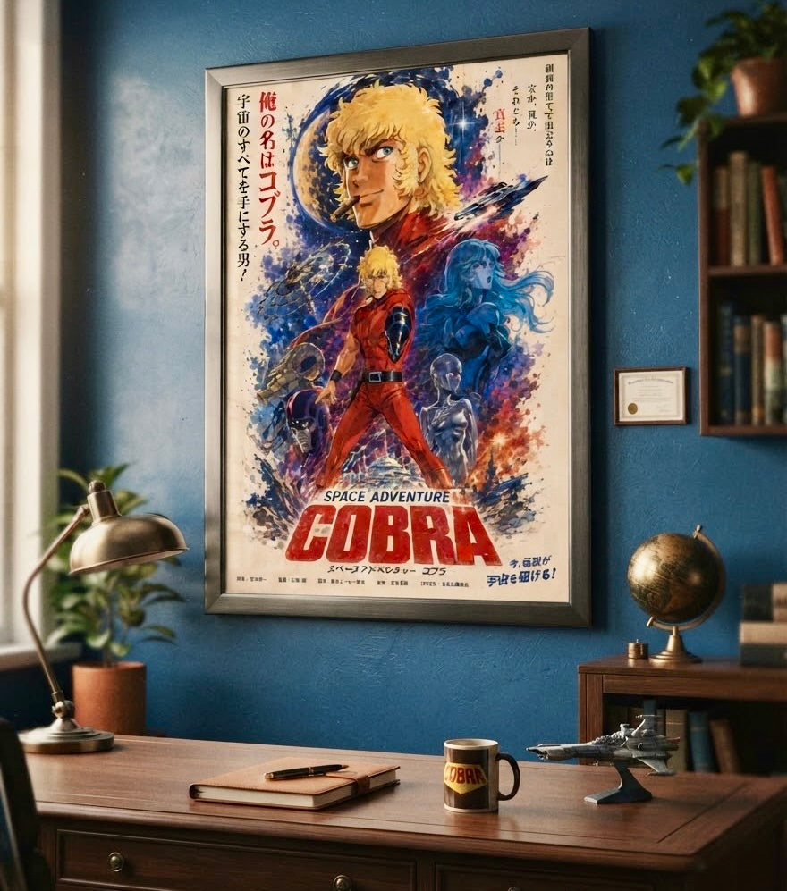 Gros plan sur l'impression et le papier de l'affiche Space Adventure Cobra