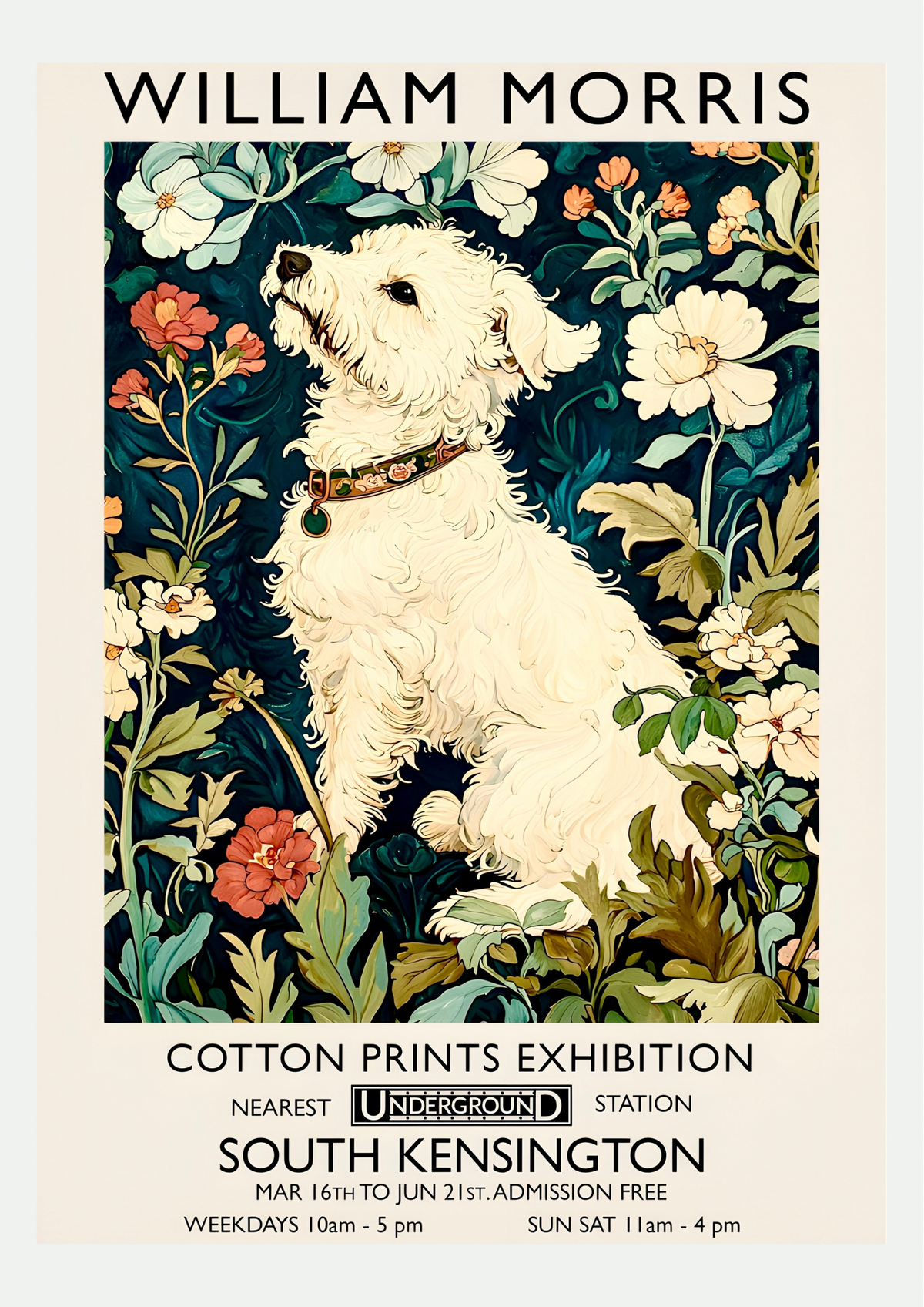 Affiche William Morris Chien Cotton Prints présentée seule sur fond neutre