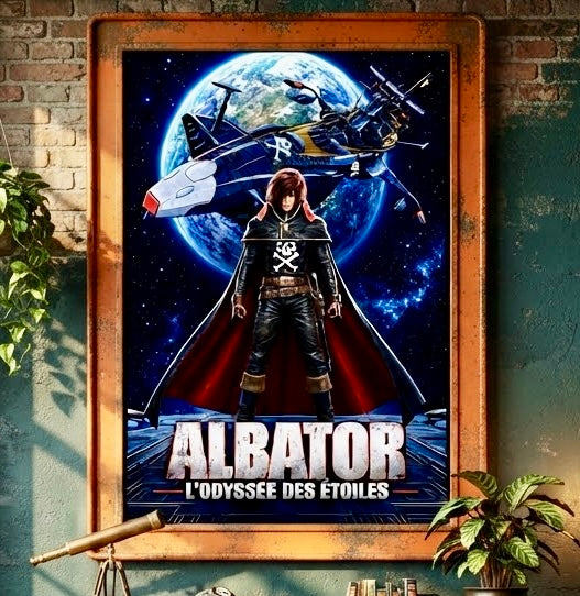 Vue rapprochée de l'affiche Albator L'Odyssée des Étoiles encadrée sur le mur du salon