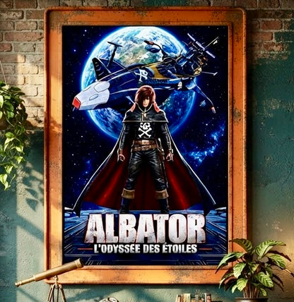 Vue rapprochée de l'affiche Albator L'Odyssée des Étoiles encadrée sur le mur du salon