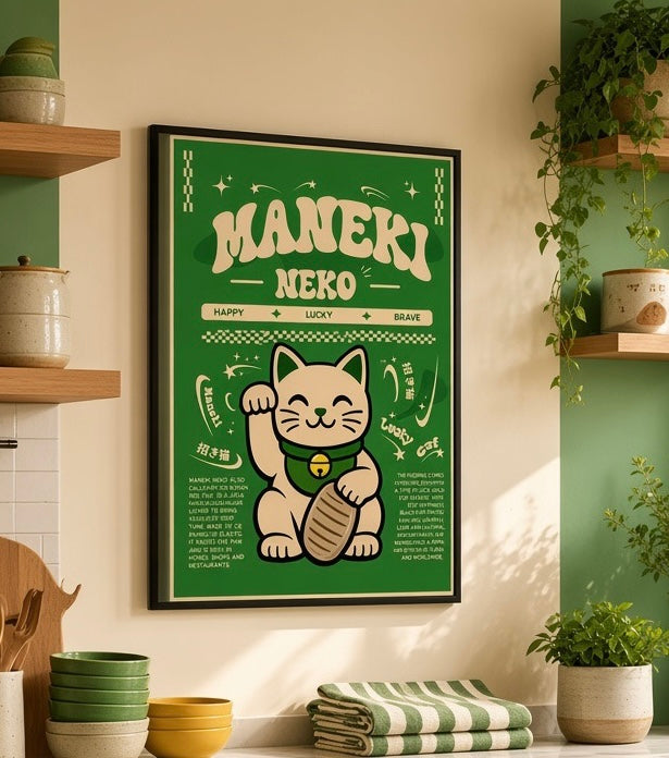 Affiche Maneki Neko encadrée, vue d'ensemble élargie de l'intérieur