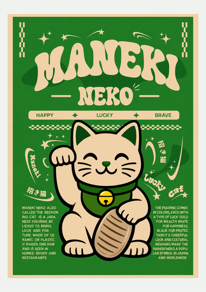 Affiche Maneki Neko – Chat Porte-Bonheur Japonais, photo produit seul sur fond vert
