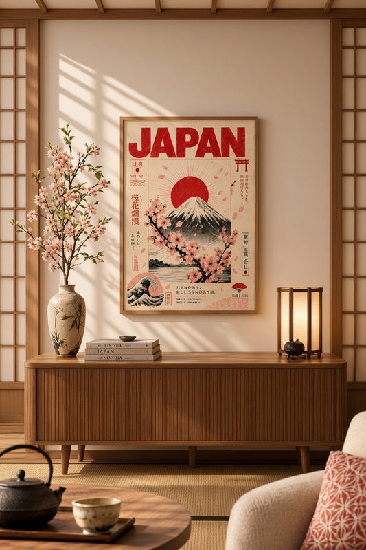 Affiche Japan Vintage encadrée en situation sur mur intérieur