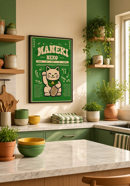 Affiche Maneki Neko, gros plan de face sur les détails et la texture d'impression