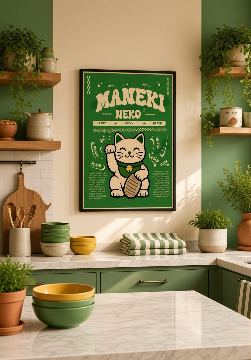 Affiche Maneki Neko encadrée, vue d'ambiance murale dans une cuisine