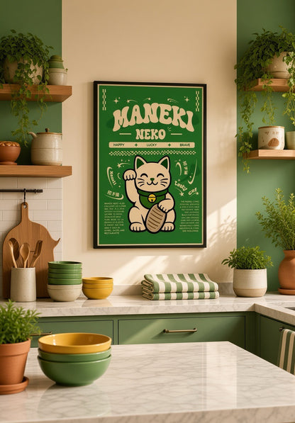 Affiche Maneki Neko encadrée, vue d'ambiance murale dans une cuisine