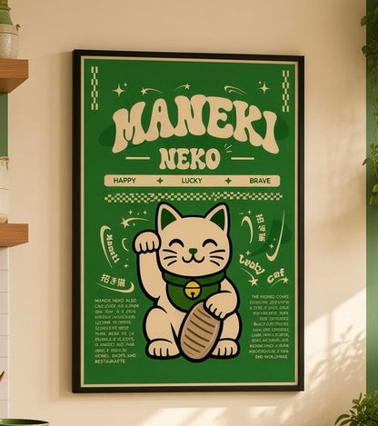Affiche Maneki Neko encadrée, plan rapproché sur le mur de la cuisine