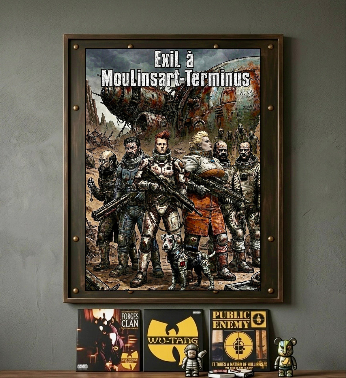 Vue large d'un salon décoré avec l'affiche Exil à Moulinsart-Terminus encadrée sur le mur