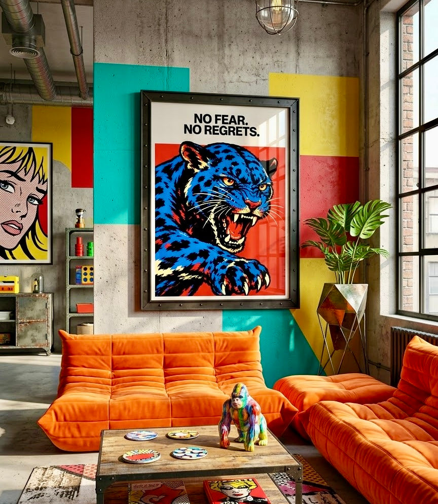 Ambiance salon avec l'affiche pop art panthère bleue encadrée, décoration murale énergique rouge et bleu