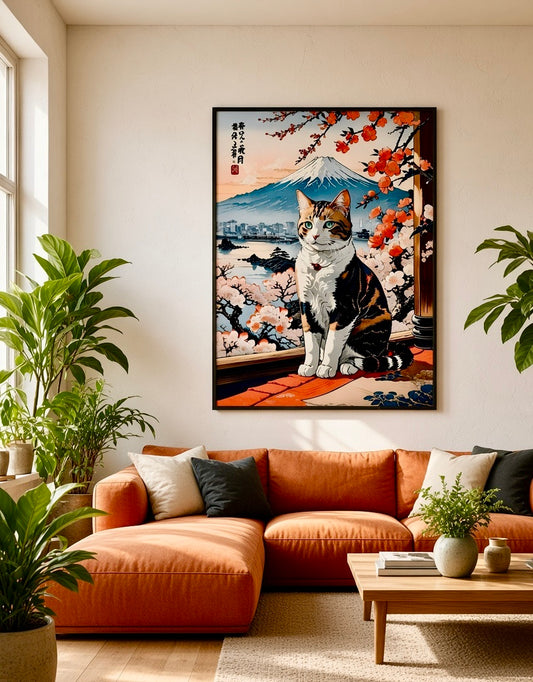 Affiche encadrée Chat Tigré au Mont Fuji accrochée au mur dans un salon
