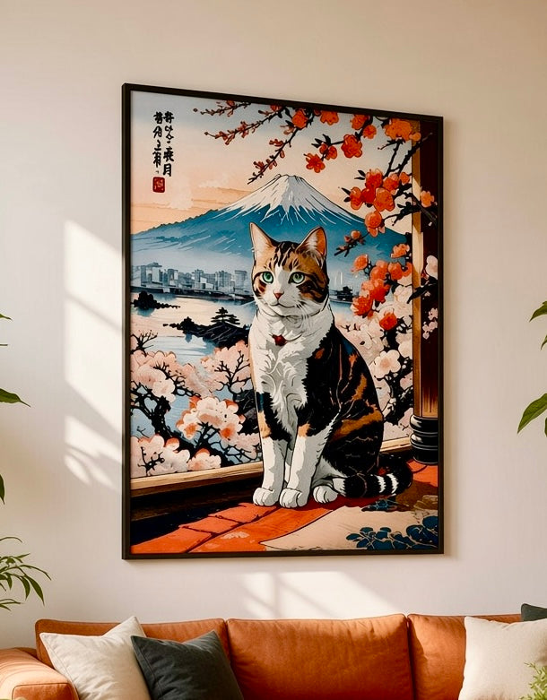 Gros plan sur le tirage de l'affiche, détail du portrait du chat tigré