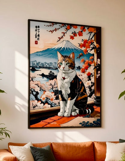 Gros plan sur le tirage de l'affiche, détail du portrait du chat tigré