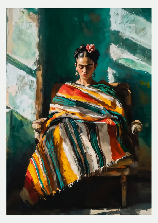 Toile encadrée Frida Kahlo, portrait peinture au châle rayé jaune, rouge et turquoise, fleur rose dans les cheveux