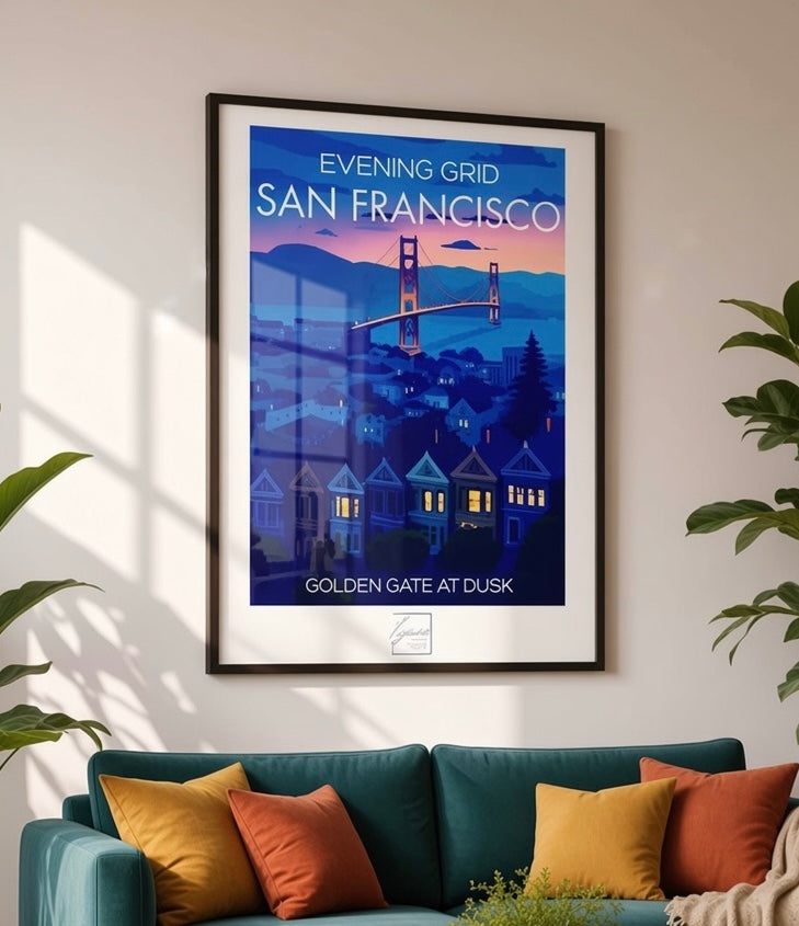 Gros plan sur le papier et les détails d'impression de l'affiche Evening Grid Golden Gate