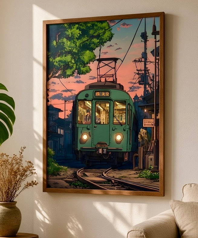 Vue d'ensemble du salon avec l'affiche Tramway au Crépuscule en décoration murale