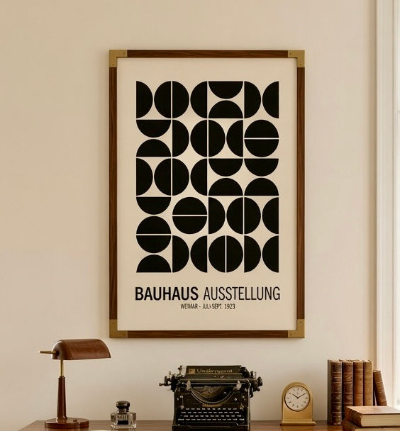 Vue rapprochée de l'affiche Bauhaus Weimar 1923 au mur, cadre et motif géométrique noir et crème