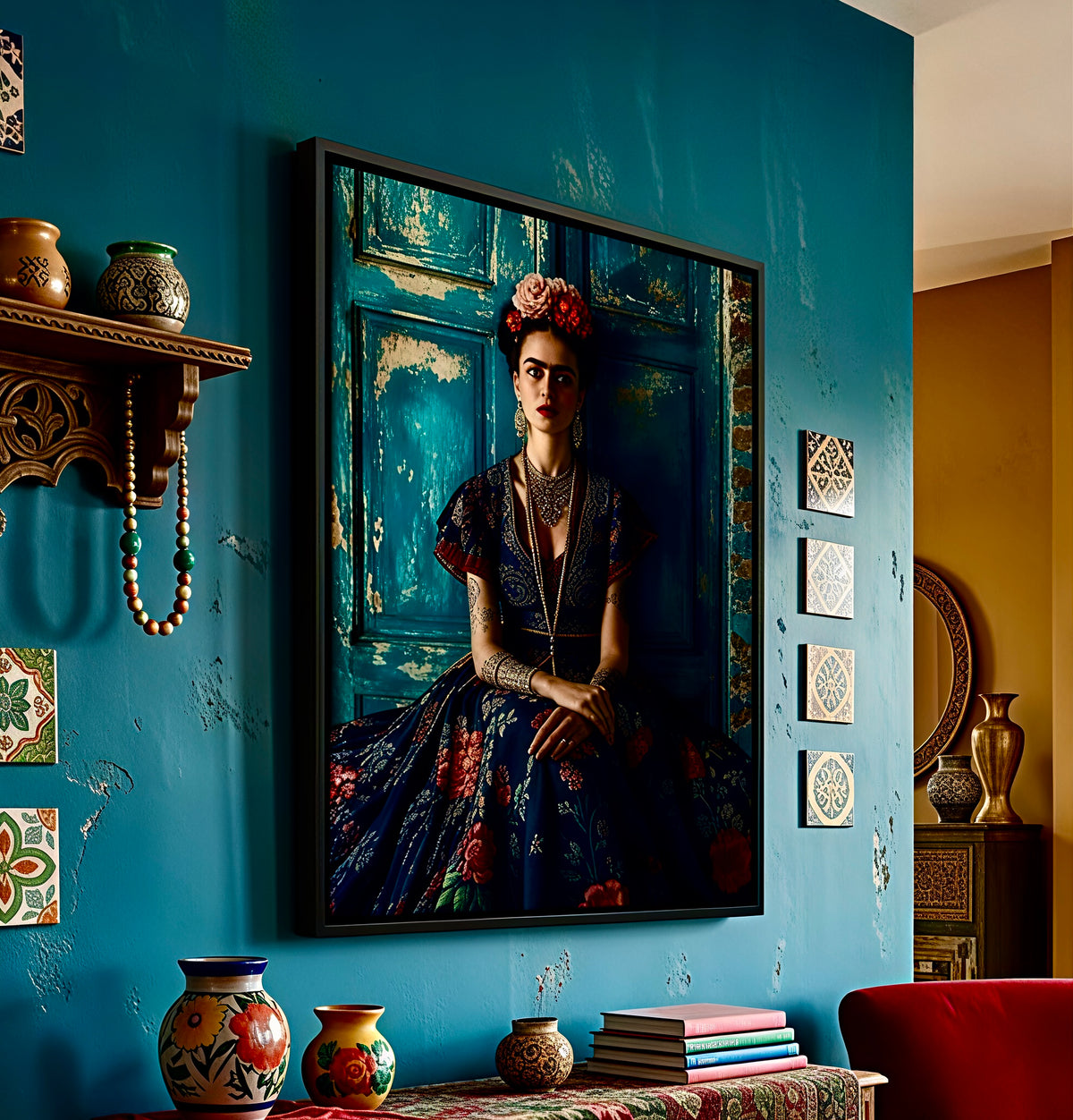 Détail de la toile Frida Kahlo portrait fleuri mexicain, texture de la toile et couleurs vives