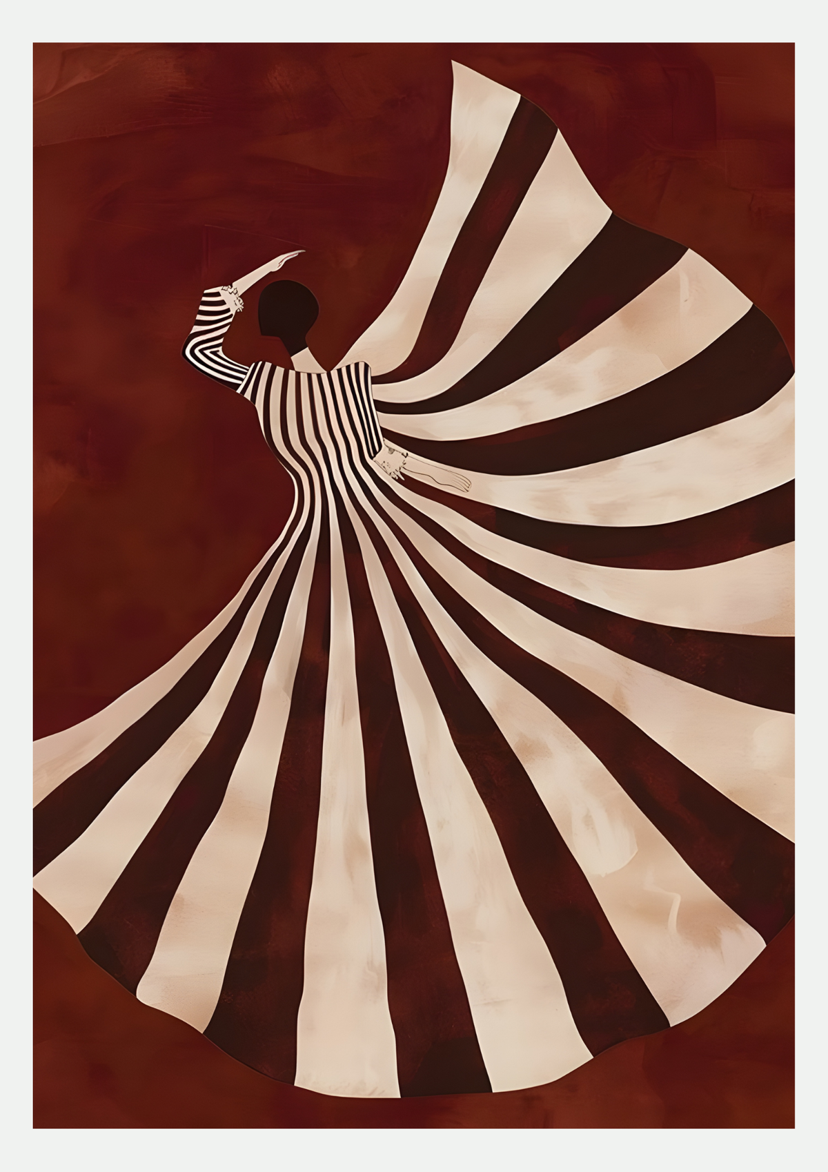 Affiche danseuse à la robe rayée : silhouette de dos, jupe tourbillonnante à rayures crème et brun sur fond rouge bordeaux