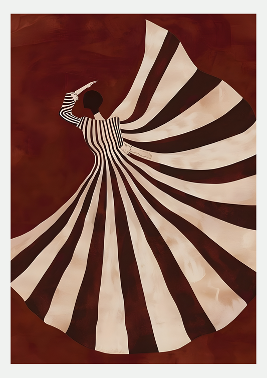 Affiche danseuse à la robe rayée : silhouette de dos, jupe tourbillonnante à rayures crème et brun sur fond rouge bordeaux