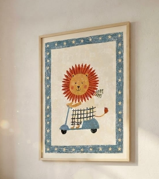 Lion en Scooter – Affiche Illustration Enfant