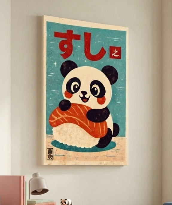 Vue rapprochée de l'affiche panda sushi encadrée, bébé panda aux joues rosées et nigiri au saumon sur fond turquoise