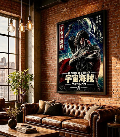 Vue d'ensemble d'un salon décoré de l'affiche Albator encadrée, déco murale anime rétro et space opera