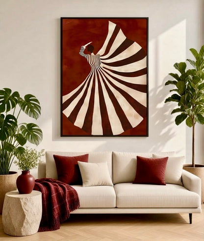Poster danseuse robe rayée encadré accroché au mur d'un salon, palette bordeaux et crème chaleureuse
