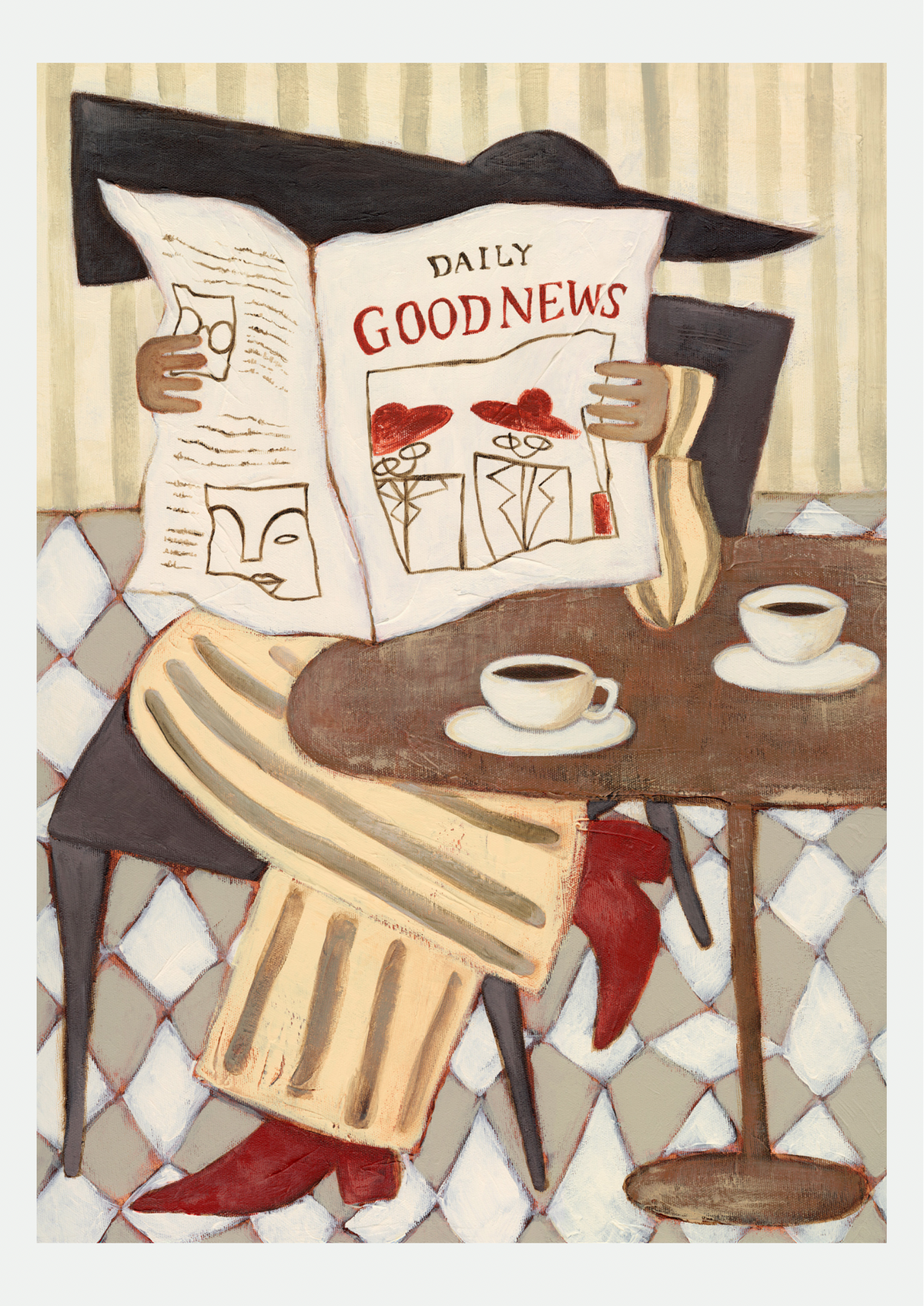 Affiche Daily Good News, femme au café style naïf, présentée seule sur fond neutre