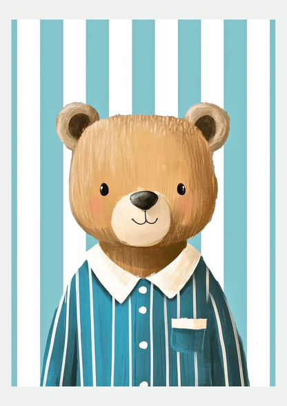 Affiche Ourson en Pyjama Rayé, illustration pour chambre d'enfant, présentée seule sur fond neutre