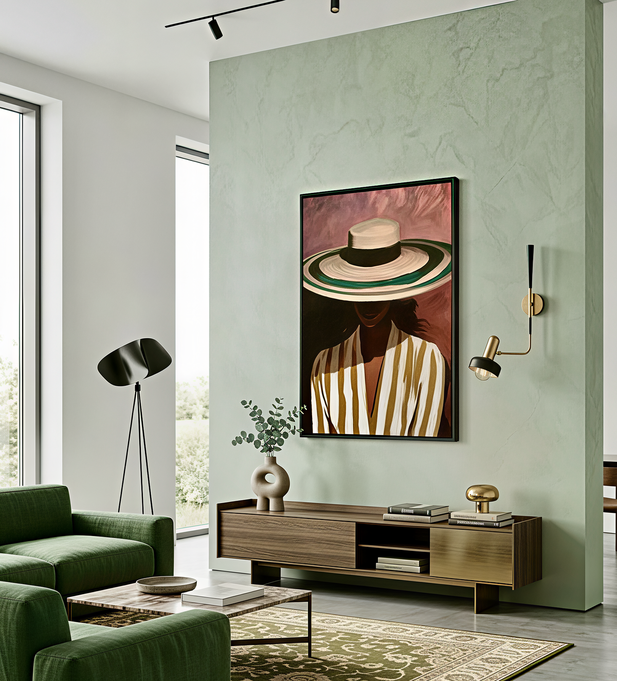Toile encadrée Portrait au Chapeau de Paille, peinture à l'huile, décoration murale en situation dans un intérieur